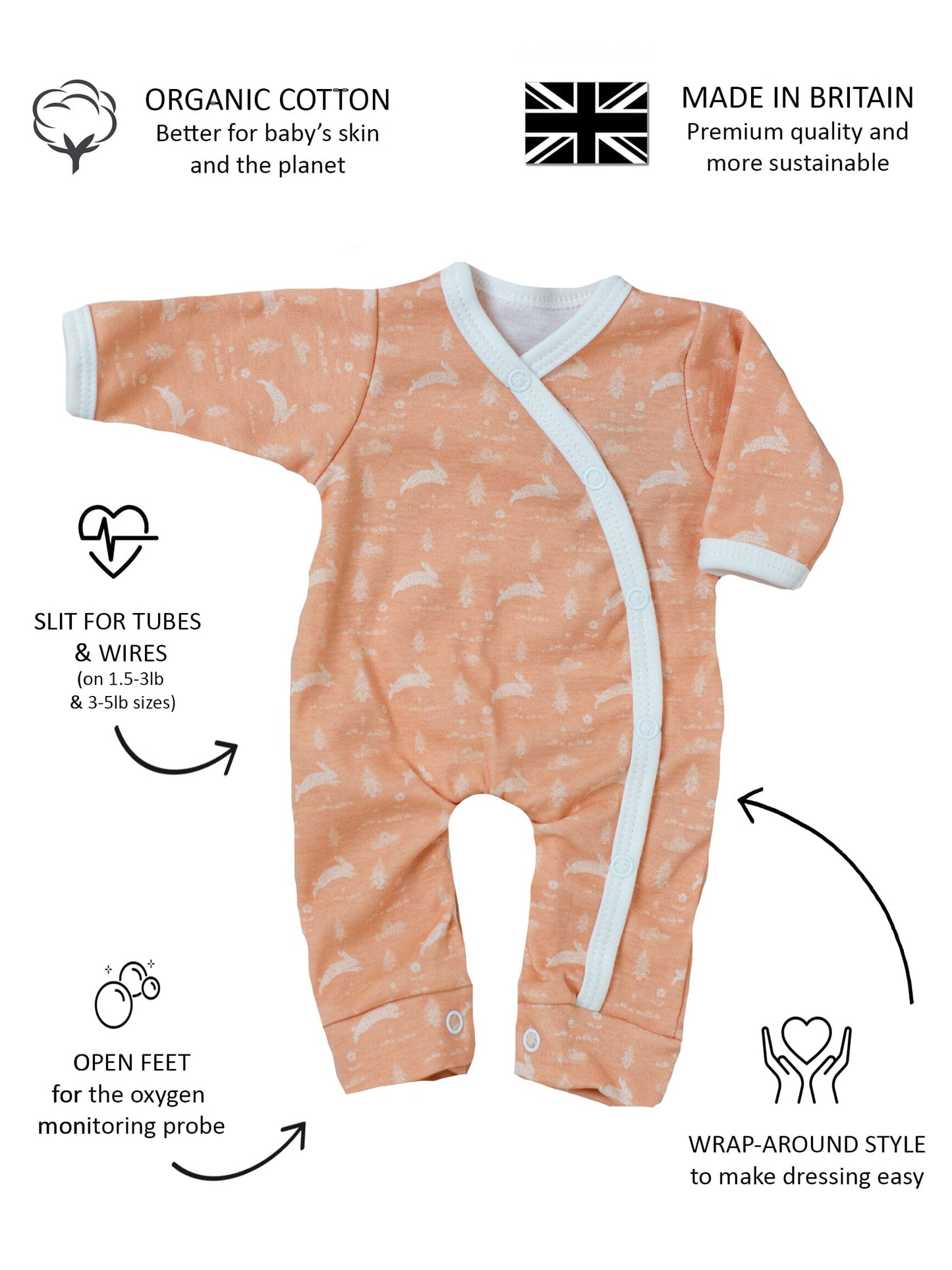 Prem Sleepsuit, Leaping Bunnies, Premium 100% Organic Cotton Sleepsuit / Babygrow Tiny & Small 