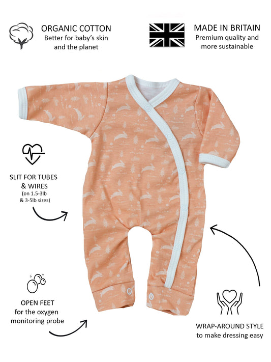 Prem Sleepsuit, Leaping Bunnies, Premium 100% Organic Cotton Sleepsuit / Babygrow Tiny & Small 