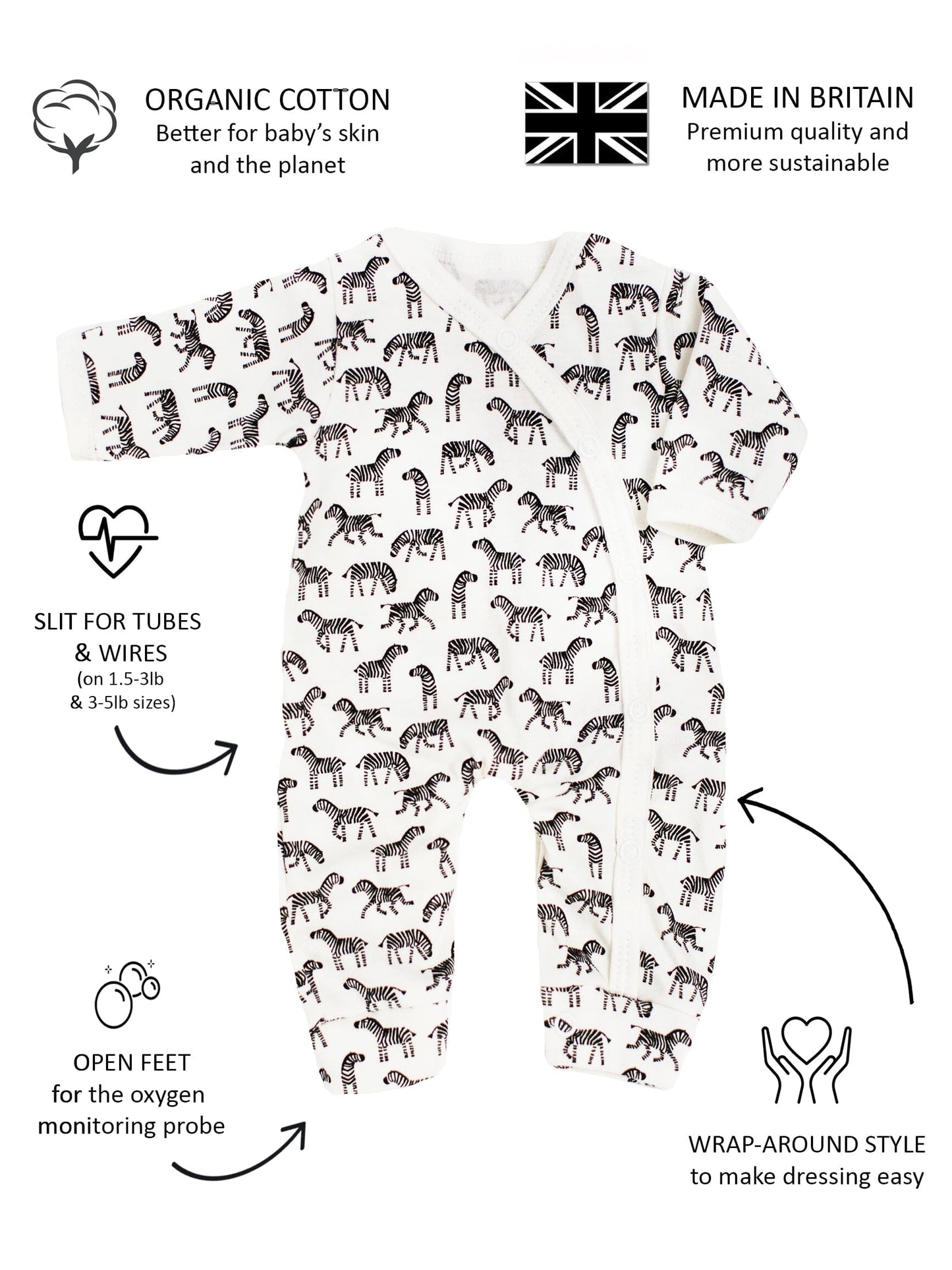 Premature Baby Sleepsuit, Zebras, 100% Organic Cotton Sleepsuit / Babygrow Tiny & Small 