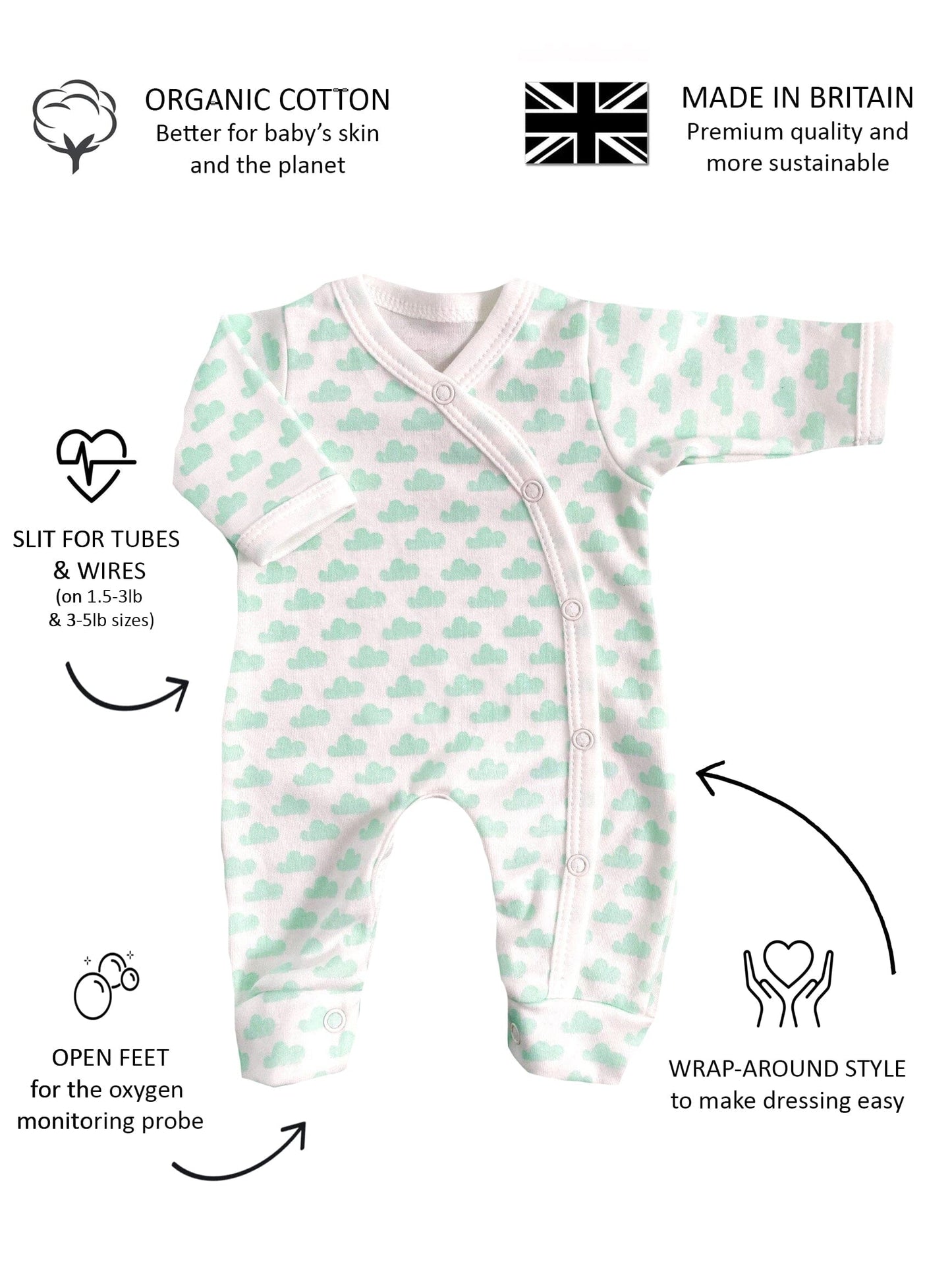 Sleepsuit, Mint Cloud, Premium 100% Organic Cotton Sleepsuit / Babygrow Tiny & Small 