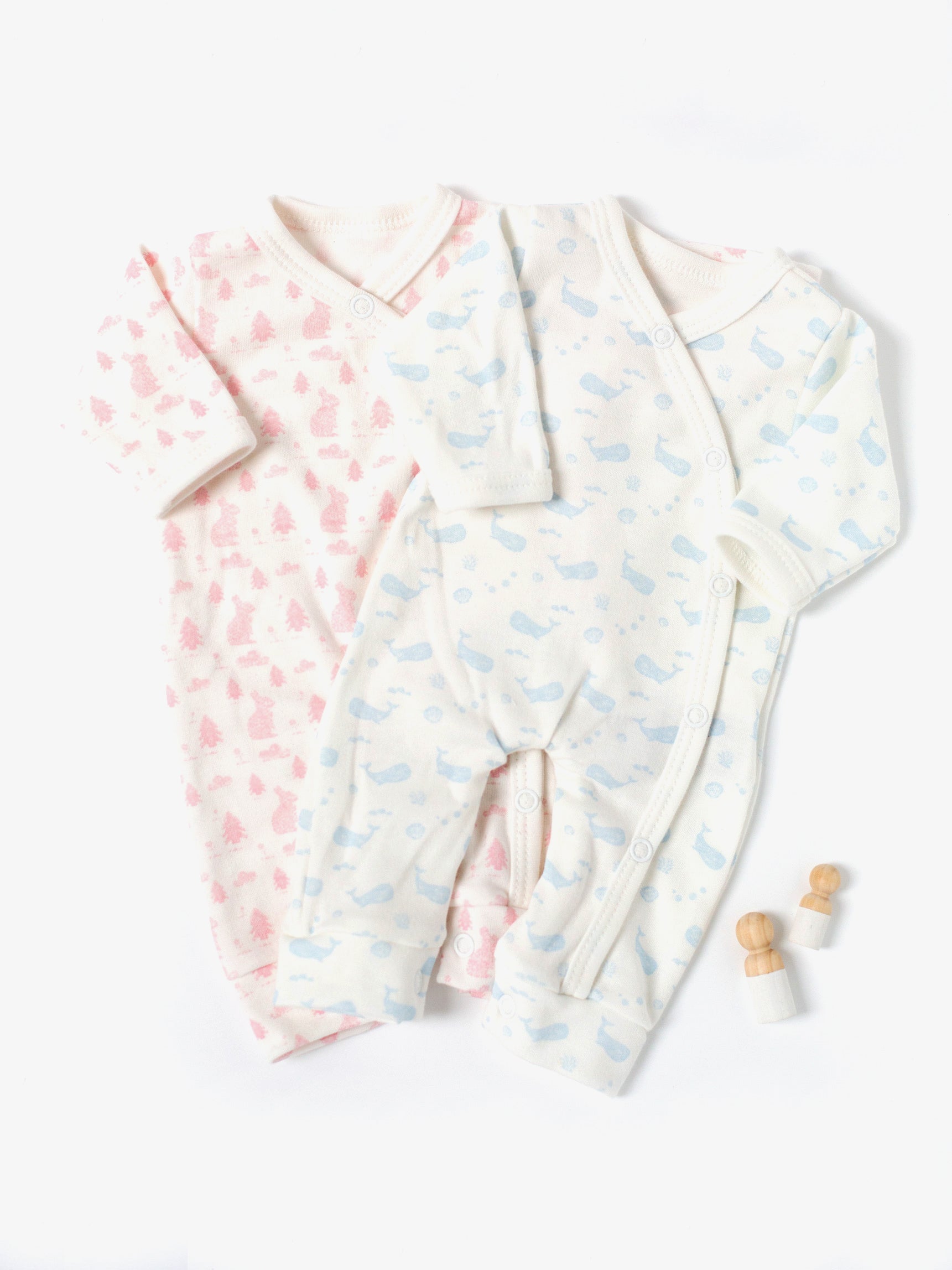 Twin Bundle - 2 Pack Sleepsuits, Bunny Meadow & Ocean Blue, 100% Organic Cotton (1.5lb-3lb, 3lb-5lb & 4-7lb) Set Tiny & Small 