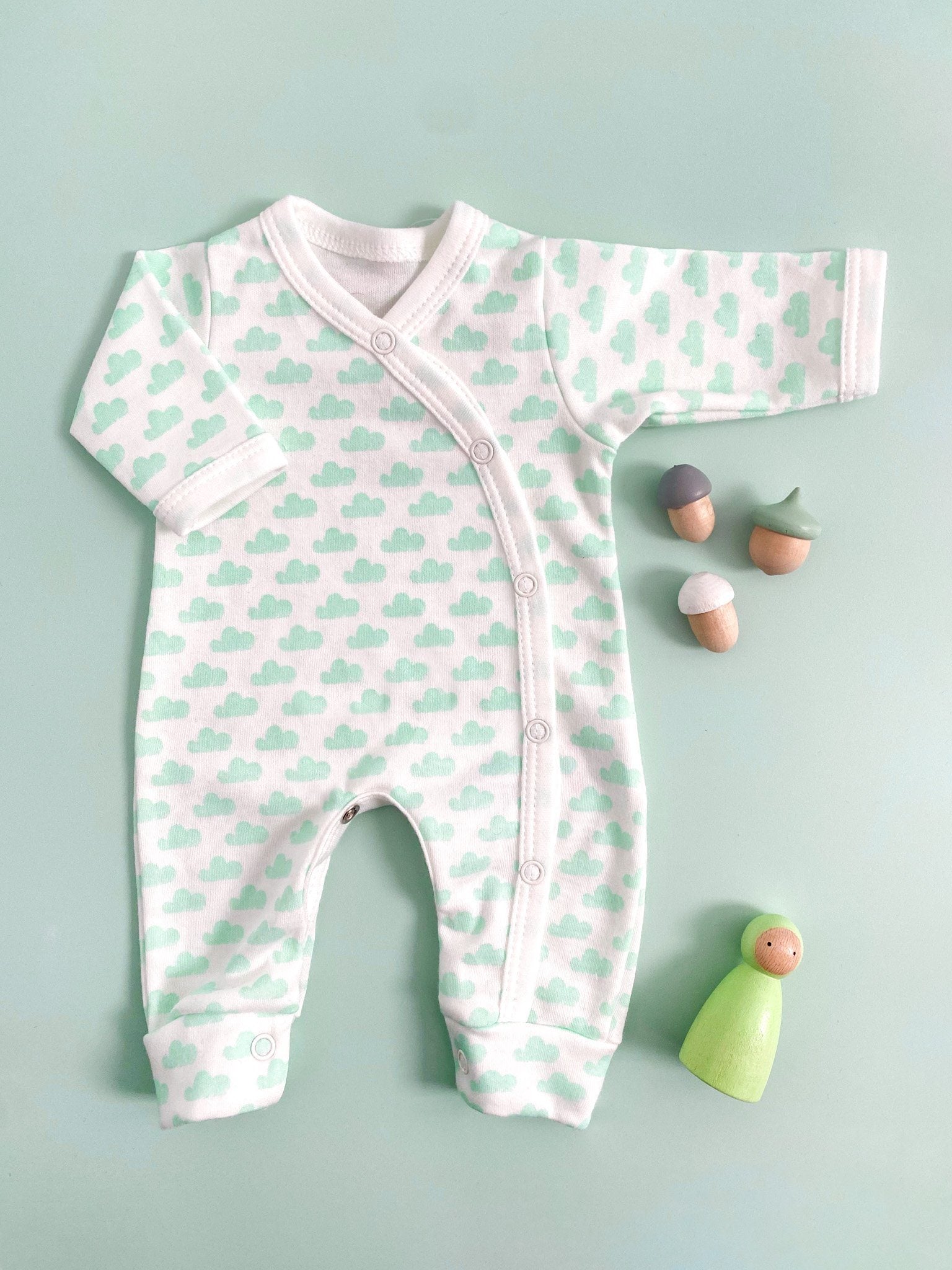 Sleepsuit, Mint Cloud, Premium 100% Organic Cotton Sleepsuit / Babygrow Tiny & Small 
