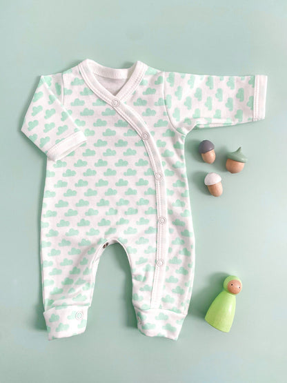 Sleepsuit, Mint Cloud, Premium 100% Organic Cotton Sleepsuit / Babygrow Tiny & Small 